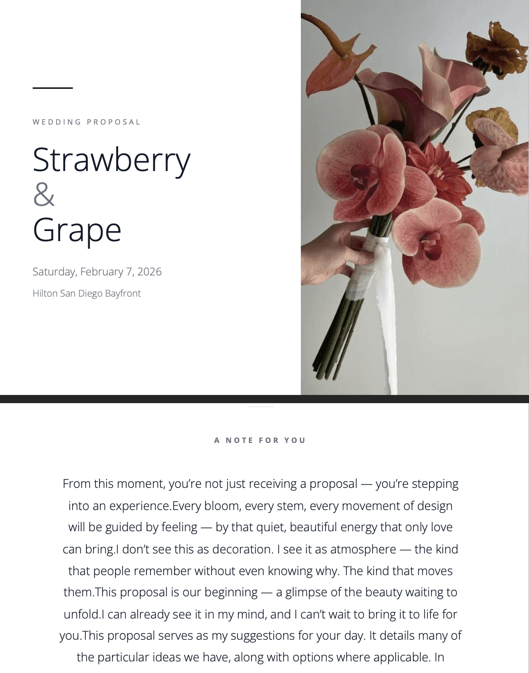 Wedding proposal for Strawberry & Grape featuring floral bouquet with pink orchids and roses