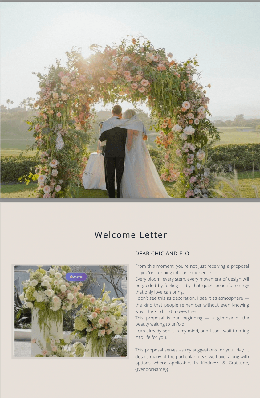 Welcome letter and wedding arch with lush floral arrangements for client proposal